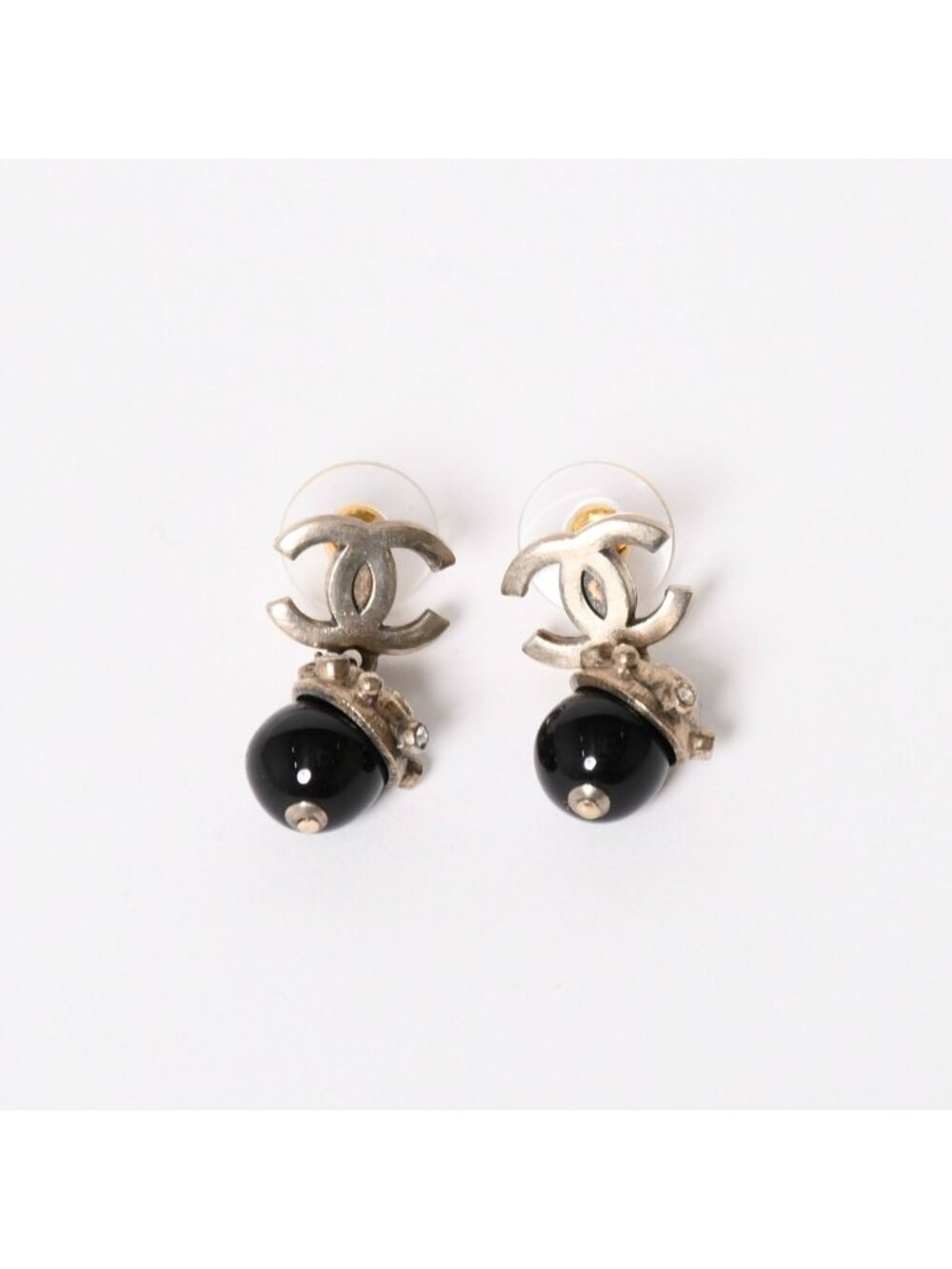 Chanel CC Logo Swing Ball Earrings 05 Resin Rhinestone Black Silver